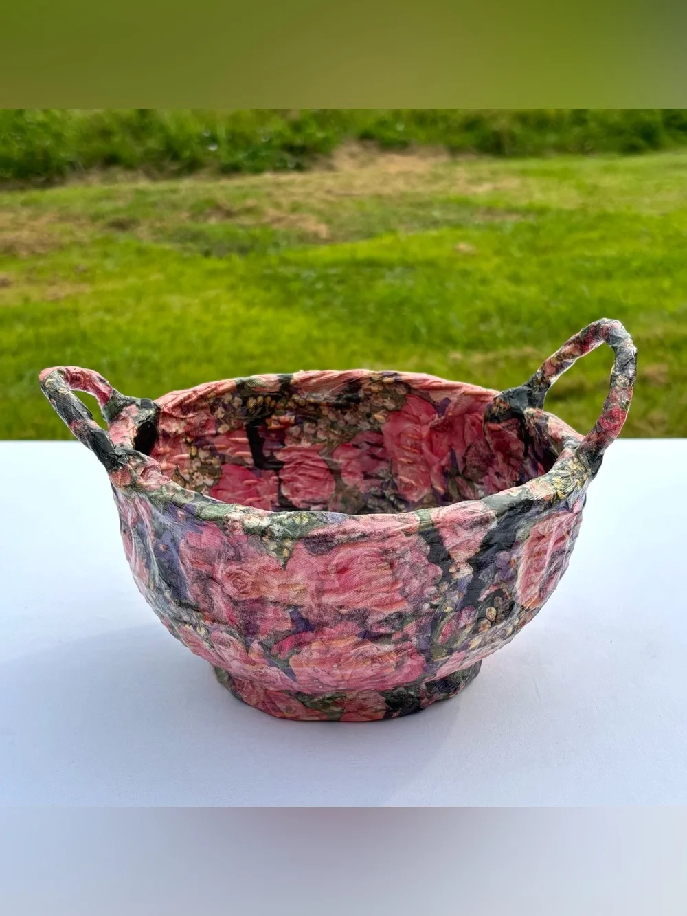Vtg Handmade Decoupage Woven Basket Floral Catchall Bowl Pink Cottagecore Shabby